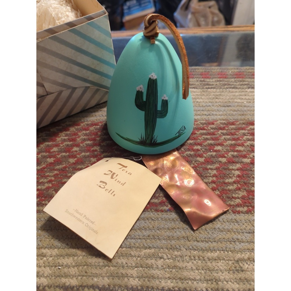 NWT Tesa Pottery Wind Bell/Chime-Hand Painted-Southwestern Cacti Brass Chime